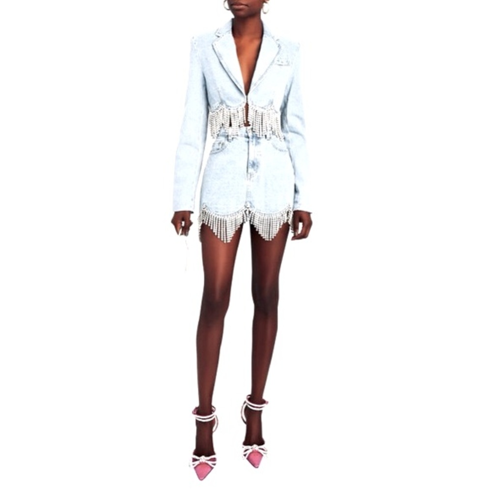 ⚡️⚡️AREA Scalloped Embellished Cropped Denim Jacket in Pale Blue, Size 4,NWT - Picture 10 of 17